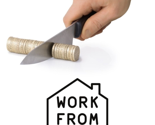 knife cutting money, work from home logo